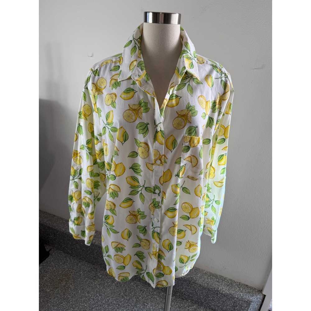 Foxcroft Womens Plus 20W Lemon Print Wrinkle Free Button Up Shirt Relaxed Fit